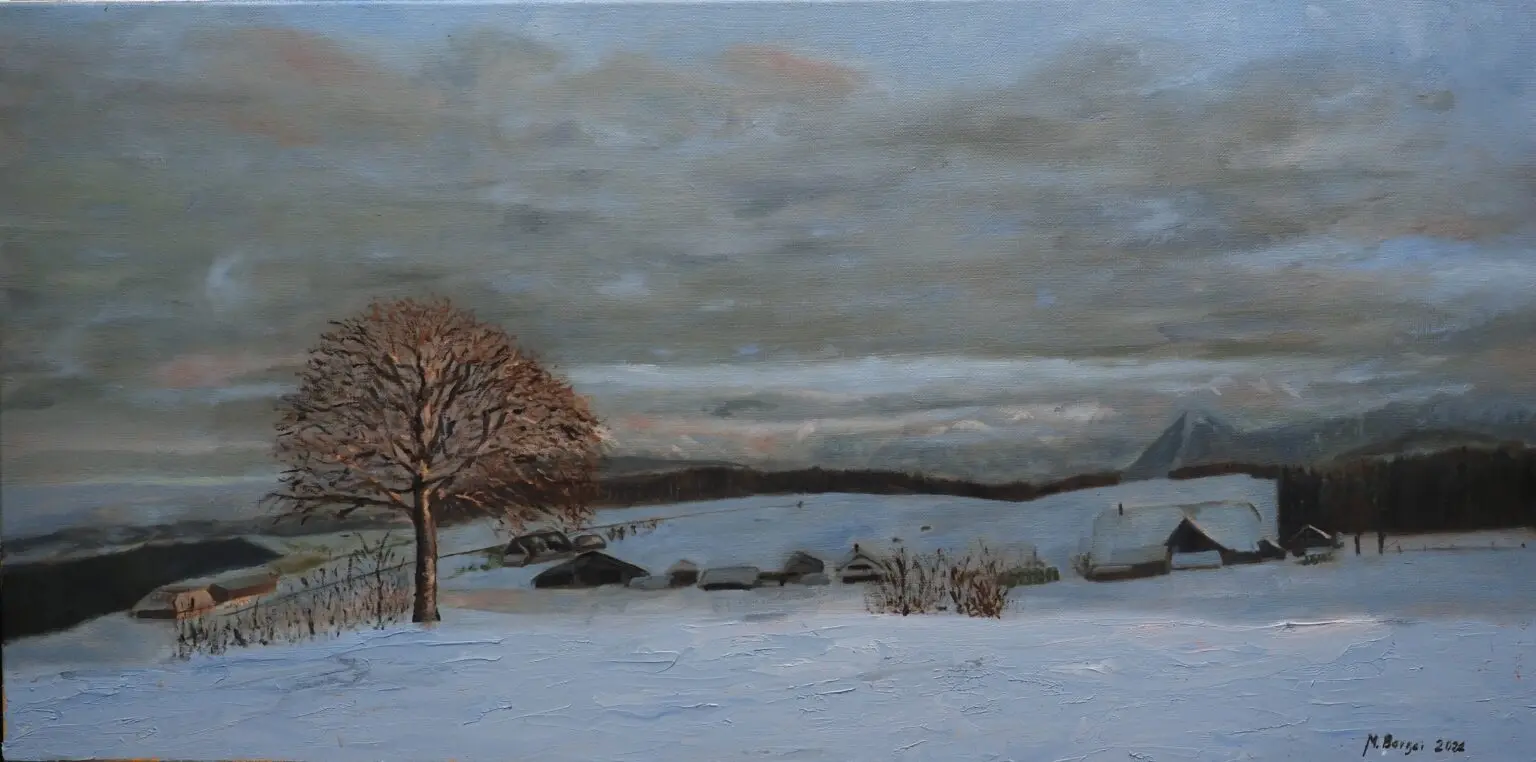 Swiss winter landscape, oil painting, 40x80cm