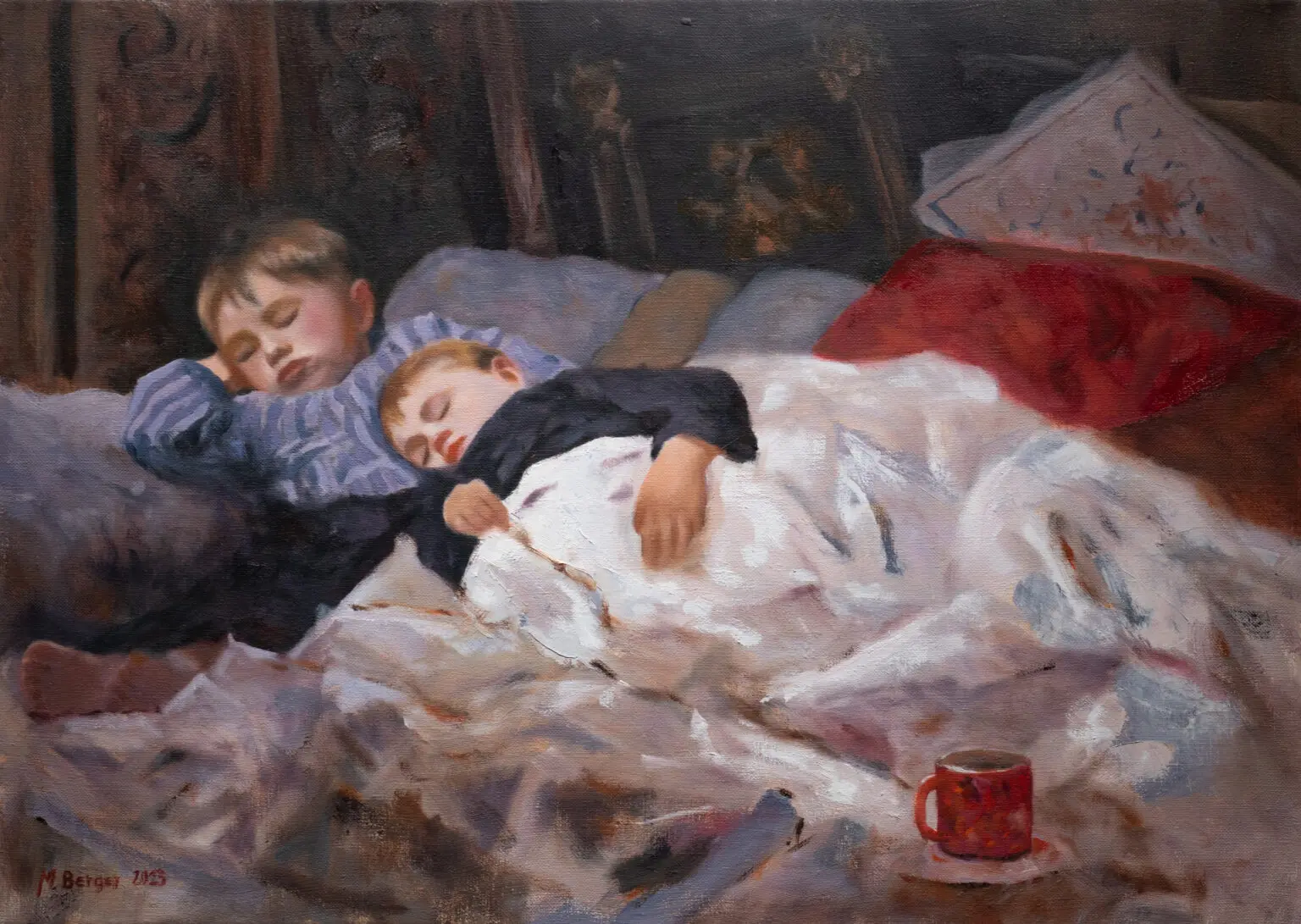 Two kids sleeping after playing, oil painting, 2023, 50x70cm